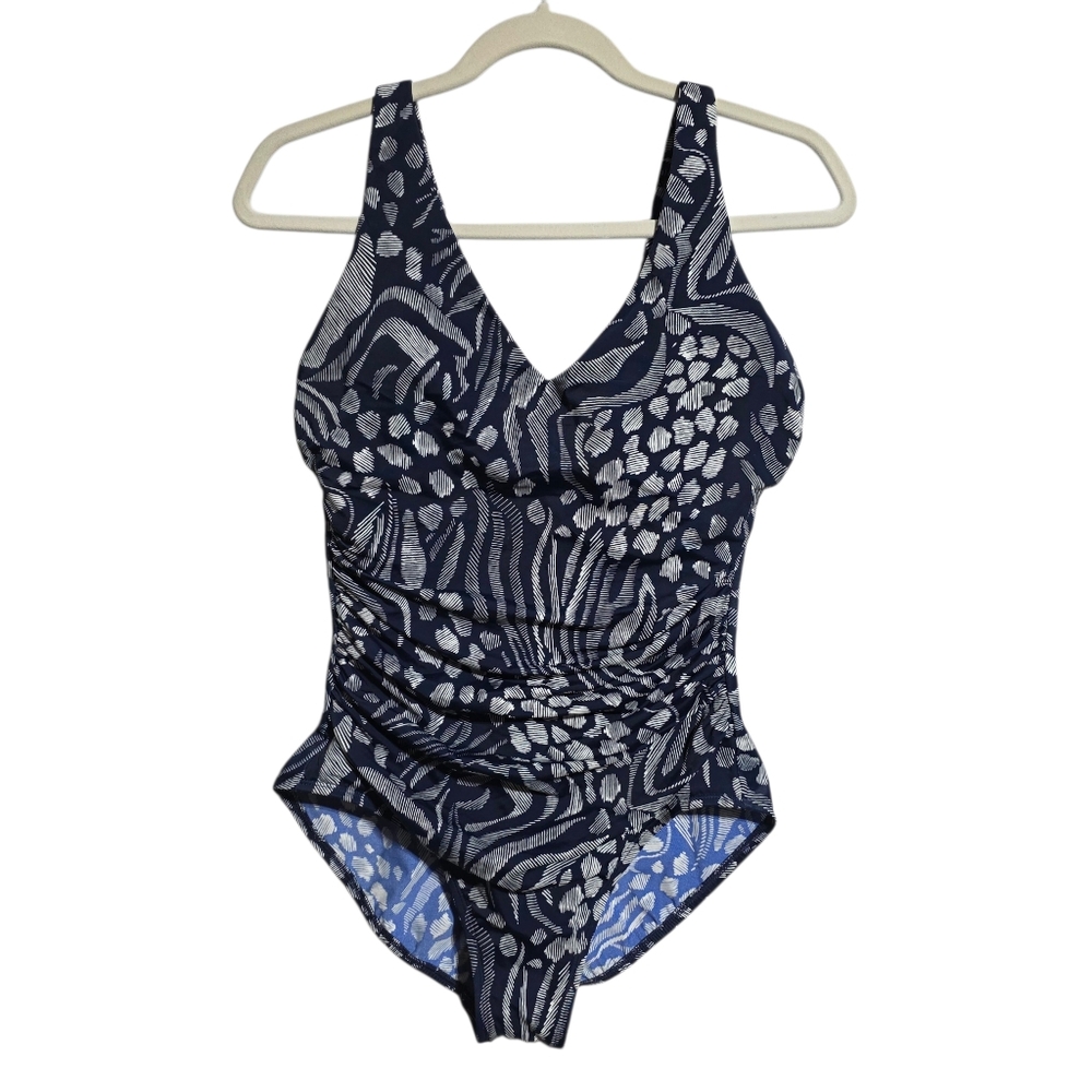 EUC MIRACLESUIT BLOCKBUSTER NAVY WHITE SWIMSUIT SZ12